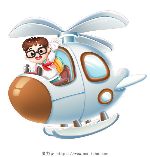 六一儿童节孩子开飞机卡通可爱儿童小男孩直升机png素材插画元素